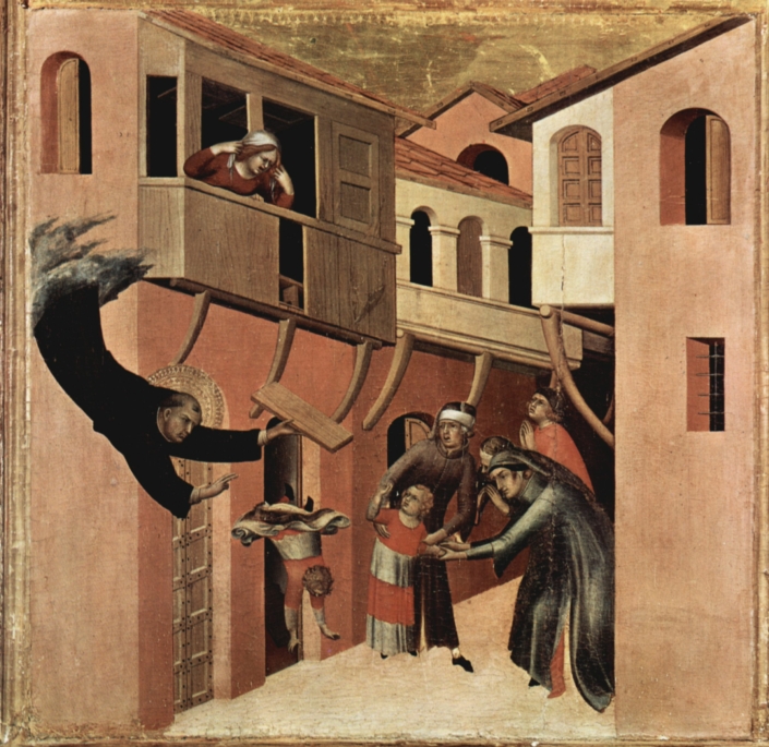 Martini, Simone: Triptychon des Seligen Hl. Augustinus Novellus, linke Tafel, untere Szene: Augustinus erweckt das von einer Loggia gefallene Kind, um 1328, Tempera auf Holz, Siena, San Augustino