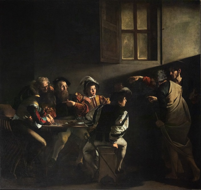 Caravaggio, Die Berufung des heiligen Matthäus, 1599-1600, Öl auf Leinwand, 322 x 340 cm, Rom, San Luigi dei Francesi, Cappella Contarelli. Gleb Simonov via Wikimedia Commons unter Creative-Commons-Lizenz CC0 1.0